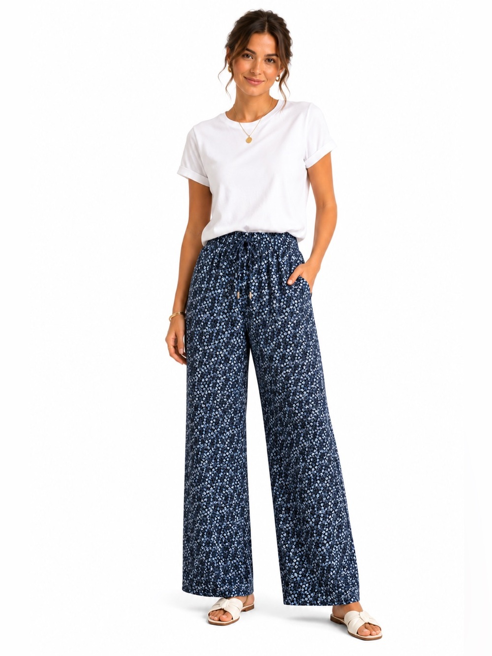 Navy Printed Wide-Leg Pull-On Pants